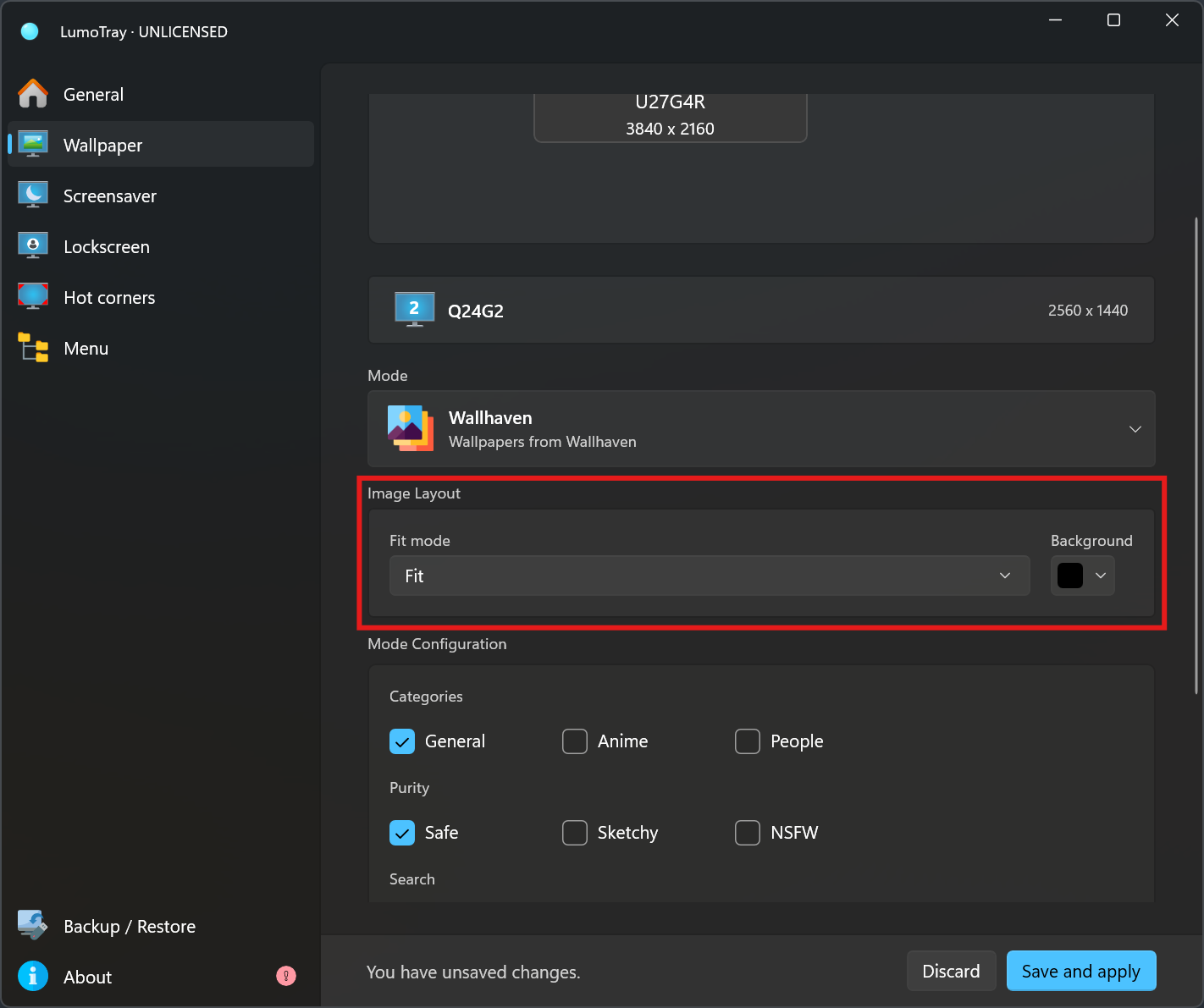 Screenshot showing per-monitor fit mode settings in LumoTray