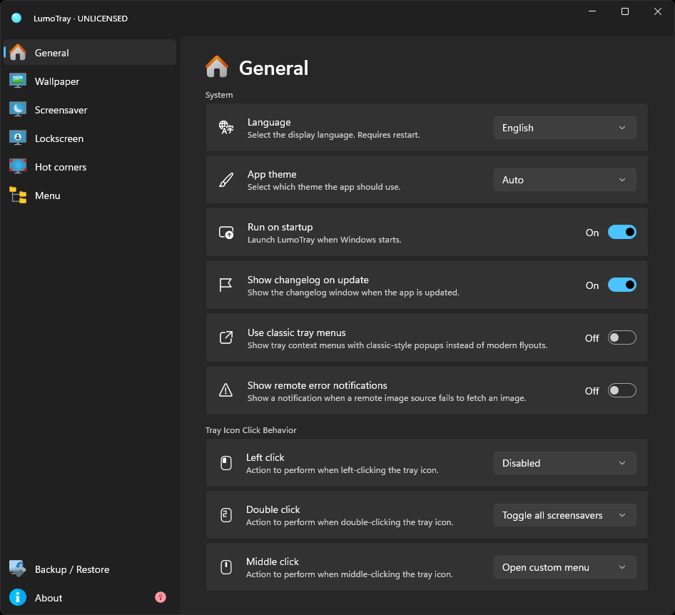 LumoTray general settings page showing wallpaper, screen saver, lock screen, and tray menu features.