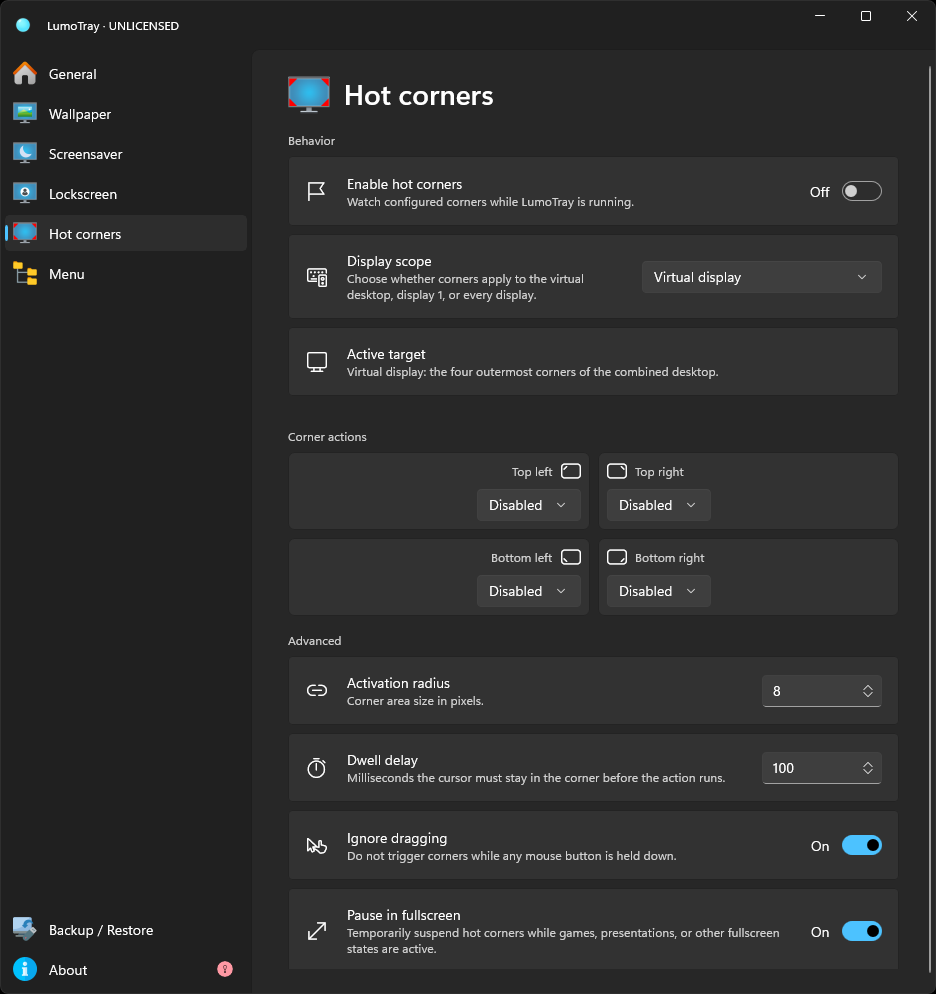 LumoTray Hot Corners configuration page with per-corner action selection.
