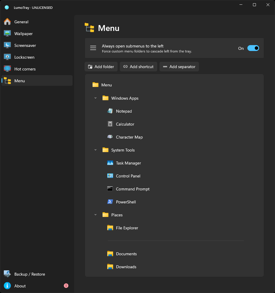 LumoTray Custom Menu configuration page showing shortcut management and menu style options.