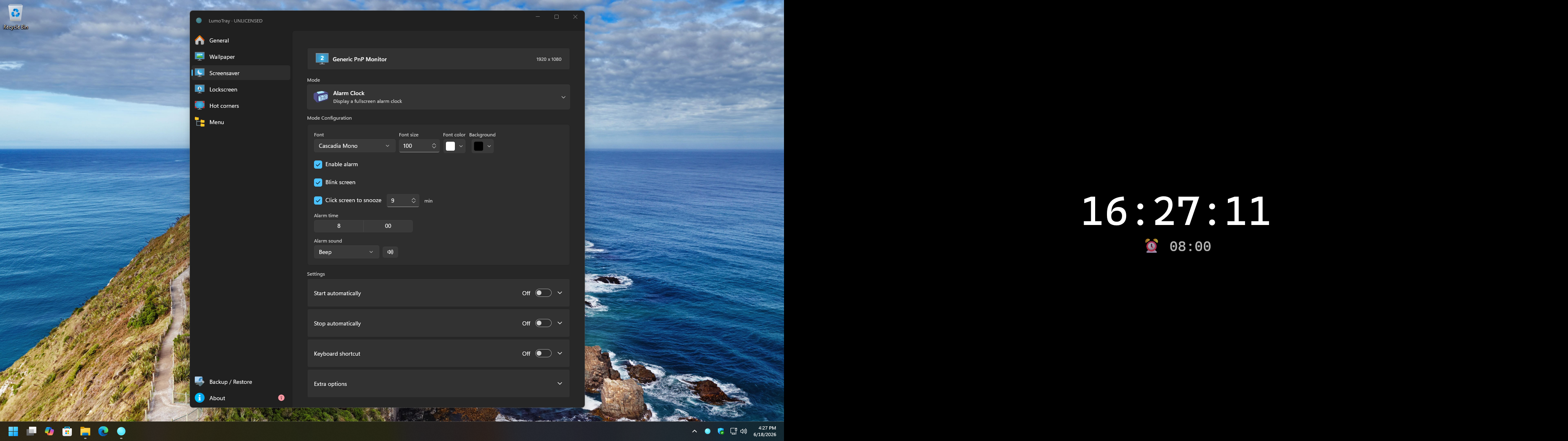 LumoTray dual-monitor screensaver: Matrix on the left, digital clock on the right