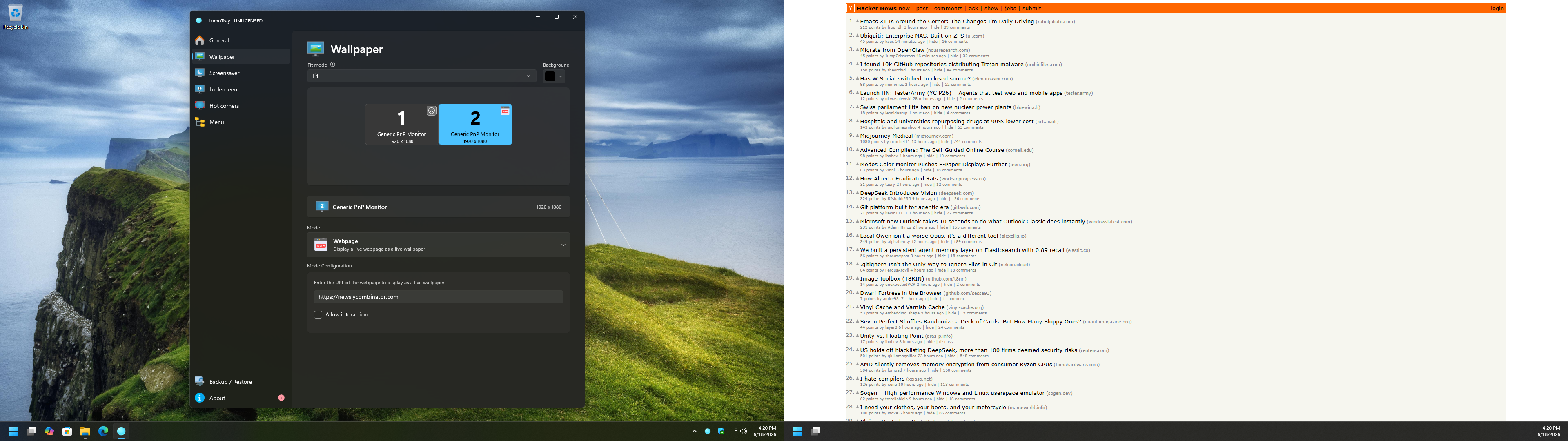 LumoTray showing a dual-monitor wallpaper setup with different wallpaper modes.