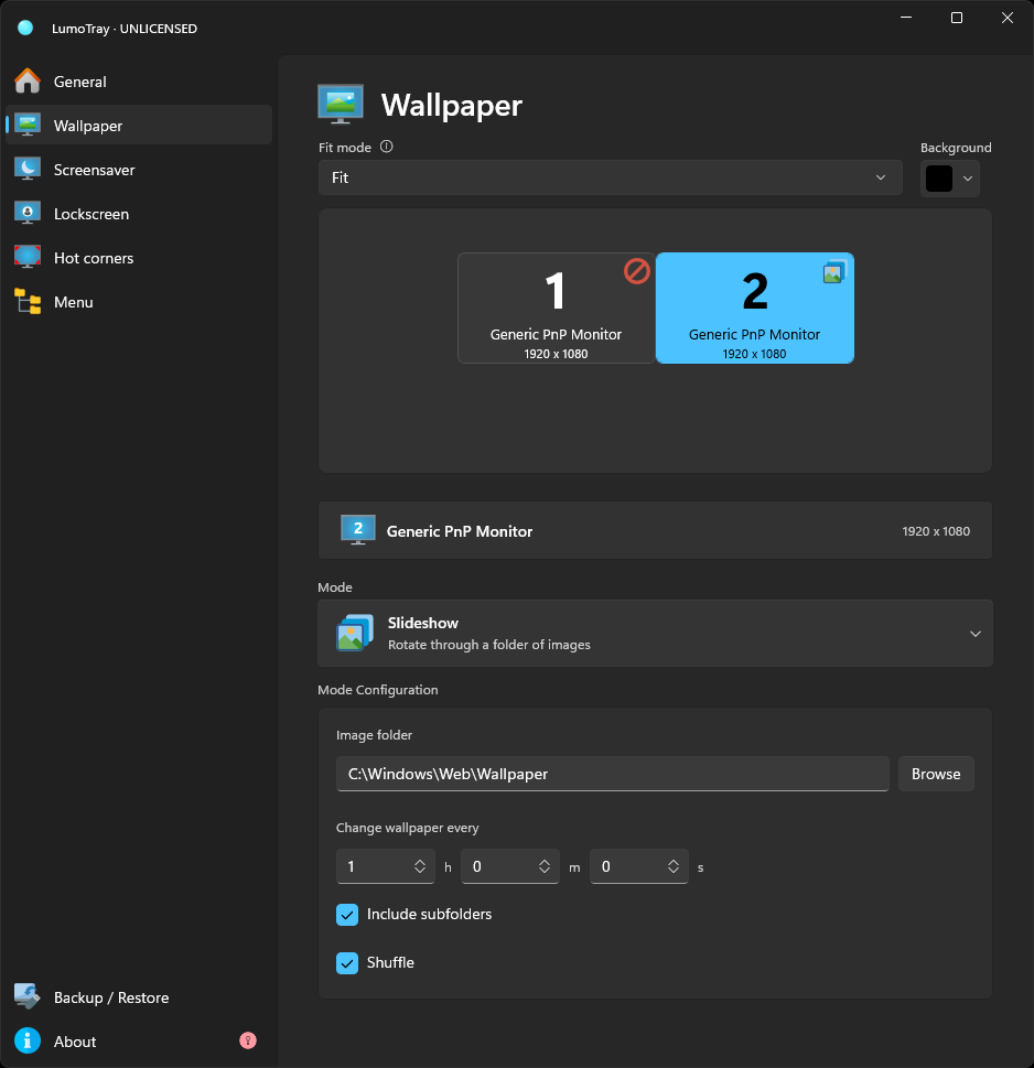 LumoTray slideshow mode with folder, interval, subfolder, and shuffle settings.